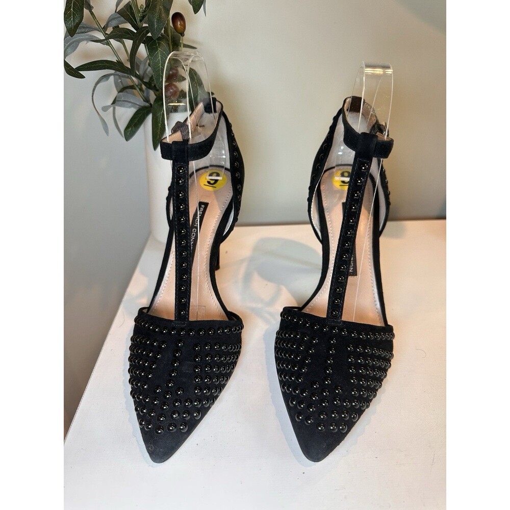 French Connection Black Studded T-Strap Stiletto Suede Heels Pumps Size 8.5